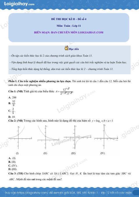 Đề thi học kì 2 Toán 11 - Đề số 4